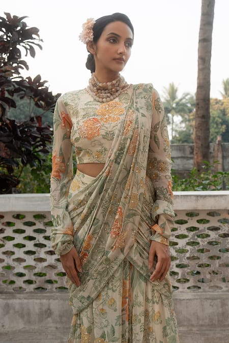 Paulmi And Harsh_Ivory Georgette Carnation Flora Print Embellished Pre Draped Saree With Blouse _Online_at_Aza_Fashions