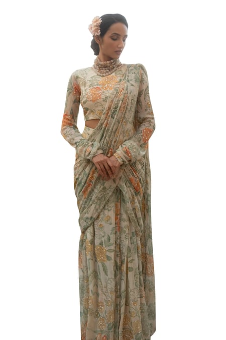 Buy_Paulmi And Harsh_Ivory Georgette Carnation Flora Print Embellished Pre Draped Saree With Blouse _Online_at_Aza_Fashions
