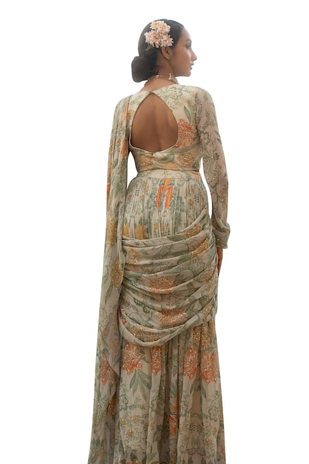 Shop_Paulmi And Harsh_Ivory Georgette Carnation Flora Print Embellished Pre Draped Saree With Blouse _Online_at_Aza_Fashions