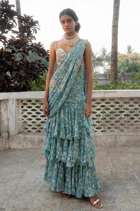 Paulmi and Harsh Ivy Bloom Print Pre-Draped Ruffle Saree With Blouse 