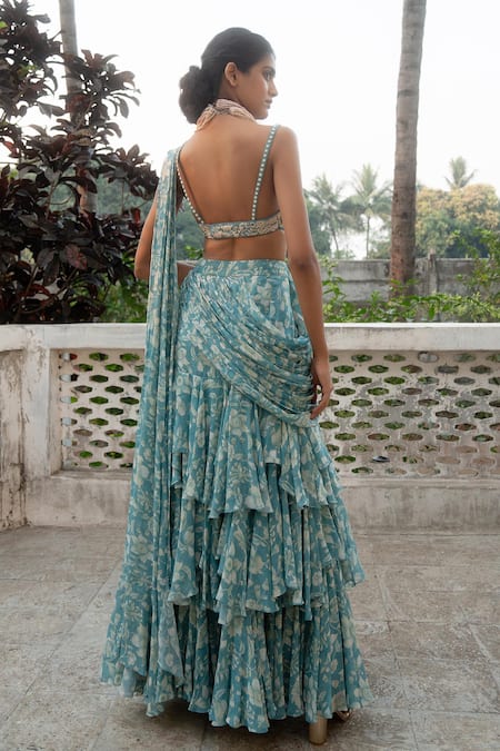 Shop Paulmi And Harsh Blue Georgette, Chiffon Ivy Bloom Print Pre-draped Ruffle Saree With Blouse at Aza Fashions Shop_Paulmi And Harsh_Blue Georgette, Chiffon Ivy Bloom Print Pre-draped Ruffle Saree With Blouse _at_Aza_Fashions