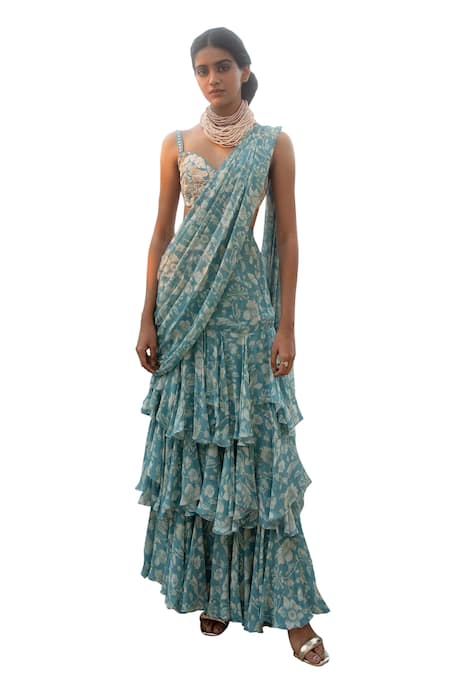 Paulmi And Harsh Blue Georgette, Chiffon Ivy Bloom Print Pre-draped Ruffle Saree With Blouse Online at Aza Fashions Paulmi And Harsh_Blue Georgette, Chiffon Ivy Bloom Print Pre-draped Ruffle Saree With Blouse _Online_at_Aza_Fashions