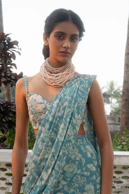 Buy Paulmi And Harsh Blue Georgette, Chiffon Ivy Bloom Print Pre-draped Ruffle Saree With Blouse Online at Aza Fashions Buy_Paulmi And Harsh_Blue Georgette, Chiffon Ivy Bloom Print Pre-draped Ruffle Saree With Blouse _Online_at_Aza_Fashions