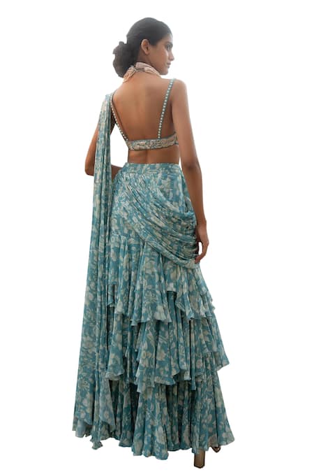 Shop Paulmi And Harsh Blue Georgette, Chiffon Ivy Bloom Print Pre-draped Ruffle Saree With Blouse Online at Aza Fashions Shop_Paulmi And Harsh_Blue Georgette, Chiffon Ivy Bloom Print Pre-draped Ruffle Saree With Blouse _Online_at_Aza_Fashions