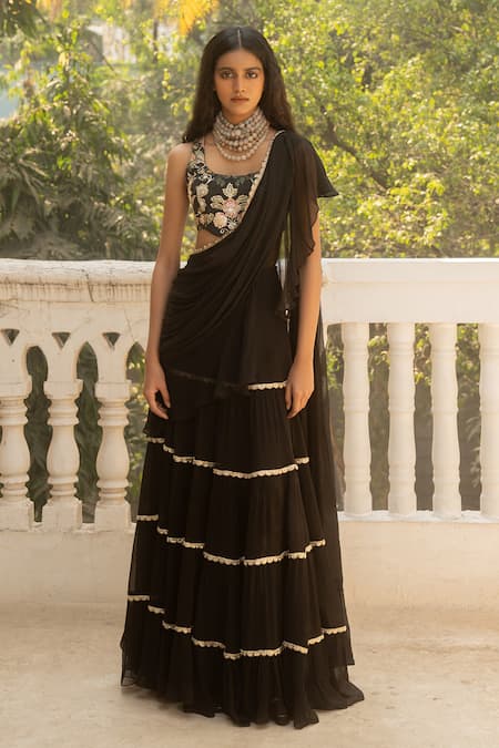 Paulmi and Harsh Lace Embellished Tiered Pre Draped Ruffle Saree With Blouse 