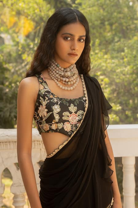 Paulmi And Harsh_Black Chiffon, Cotton Embellished Tiered Pre Draped Ruffle Saree With Blouse _Online_at_Aza_Fashions