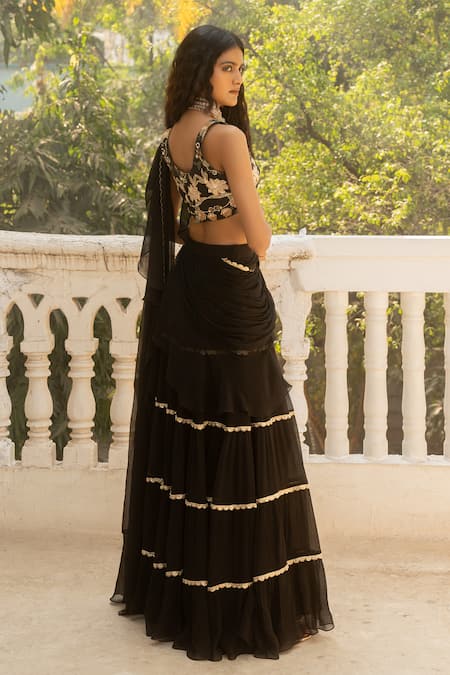 Buy_Paulmi And Harsh_Black Chiffon, Cotton Embellished Tiered Pre Draped Ruffle Saree With Blouse _Online_at_Aza_Fashions