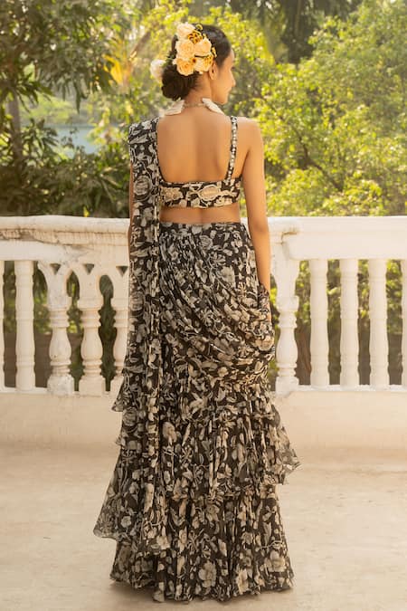 Paulmi And Harsh Midnight Fleur Print Pre Draped Tiered Ruffle Saree With Blouse 