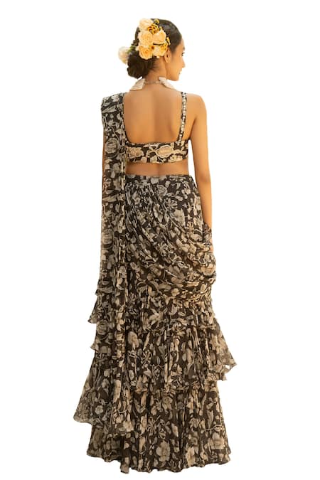 Paulmi And Harsh Black Organza Midnight Fleur Print Pre Draped Tiered Ruffle Saree With Blouse Online at Aza Fashions Paulmi And Harsh_Black Organza Midnight Fleur Print Pre Draped Tiered Ruffle Saree With Blouse _Online_at_Aza_Fashions