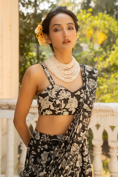 Buy Paulmi And Harsh Black Organza Midnight Fleur Print Pre Draped Tiered Ruffle Saree With Blouse Online at Aza Fashions Buy_Paulmi And Harsh_Black Organza Midnight Fleur Print Pre Draped Tiered Ruffle Saree With Blouse _Online_at_Aza_Fashions