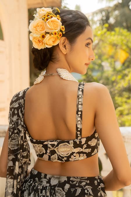Shop Paulmi And Harsh Black Organza Midnight Fleur Print Pre Draped Tiered Ruffle Saree With Blouse Online at Aza Fashions Shop_Paulmi And Harsh_Black Organza Midnight Fleur Print Pre Draped Tiered Ruffle Saree With Blouse _Online_at_Aza_Fashions