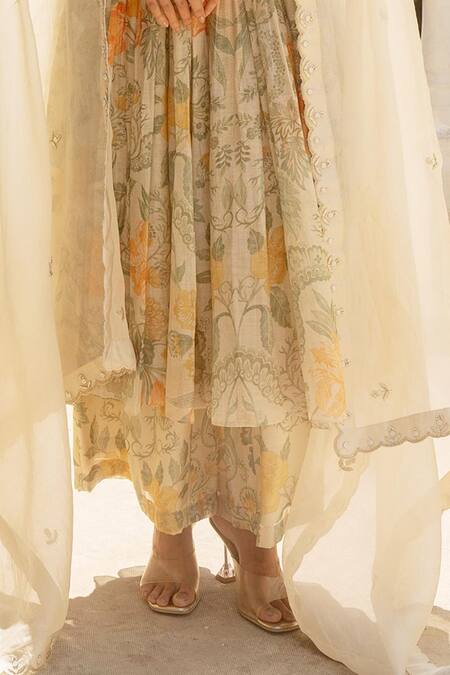 Paulmi And Harsh_Ivory Tissue, Chanderi Embroidery, Summer Bloom Print Aliya Cut Anarkali Set _Online_at_Aza_Fashions
