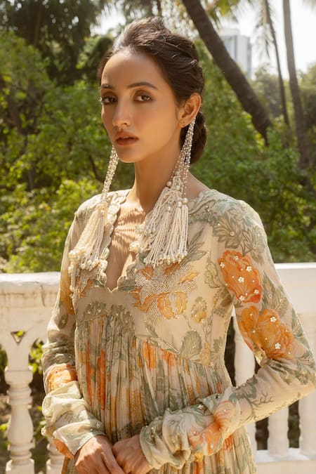 Shop_Paulmi And Harsh_Ivory Tissue, Chanderi Embroidery, Summer Bloom Print Aliya Cut Anarkali Set _Online_at_Aza_Fashions