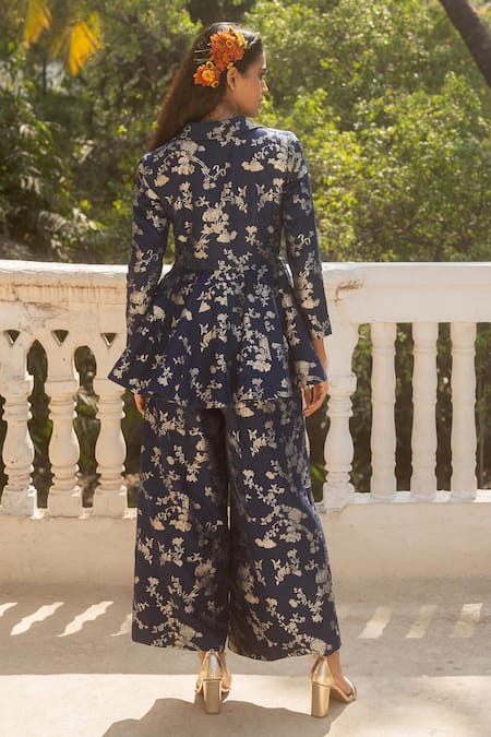 Shop_Paulmi And Harsh_Blue Jacquard Embroidery Iris Bloom Print Peplum Blazer With Flared Pant _at_Aza_Fashions