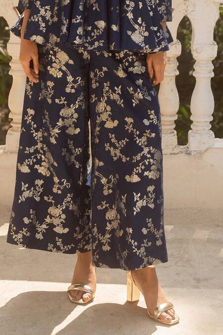 Paulmi And Harsh_Blue Jacquard Embroidery Iris Bloom Print Peplum Blazer With Flared Pant _Online_at_Aza_Fashions