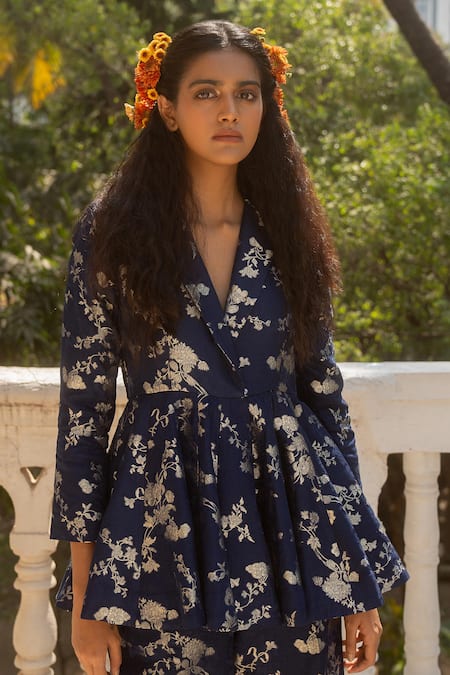 Buy_Paulmi And Harsh_Blue Jacquard Embroidery Iris Bloom Print Peplum Blazer With Flared Pant _Online_at_Aza_Fashions
