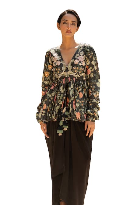 Paulmi And Harsh_Black Crepe, Chiffon Zari, Phoolbahar Print Peplum Kurti With Draped Skirt _Online_at_Aza_Fashions