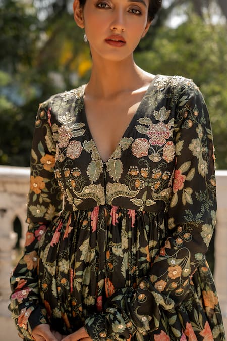 Shop_Paulmi And Harsh_Black Crepe, Chiffon Zari, Phoolbahar Print Peplum Kurti With Draped Skirt _Online_at_Aza_Fashions
