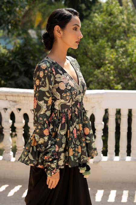 Paulmi And Harsh_Black Crepe, Chiffon Zari, Phoolbahar Print Peplum Kurti With Draped Skirt _at_Aza_Fashions