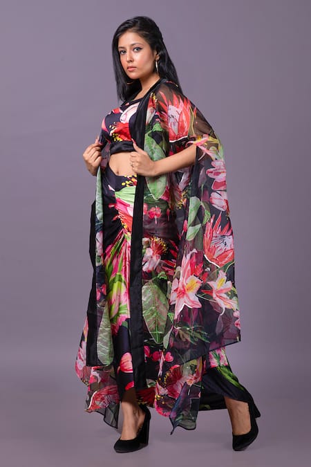 That Thing You Love Multi Color Satin Print Floral Blouse Hand Embroidered Cape And Draped Skirt Set 