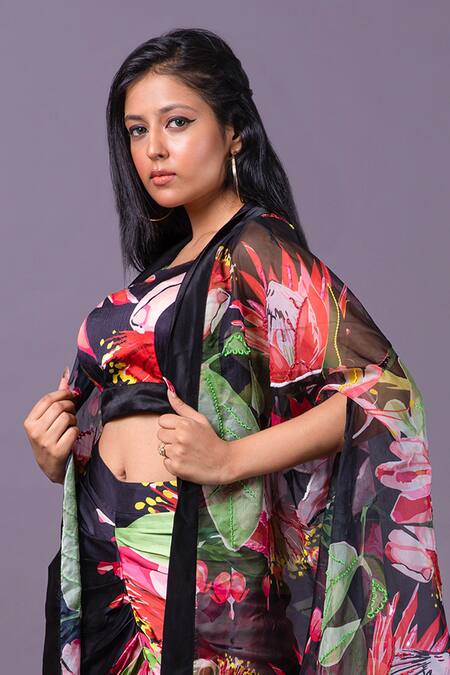 Buy_That Thing You Love_Multi Color Floral Hand Embroidered Cape And Draped Skirt Set _Online_at_Aza_Fashions