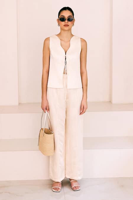 Shop_Lavanya Ahuja_Ivory Satin, Linen Asymmetric Soft Tie Up Top With Pant _at_Aza_Fashions