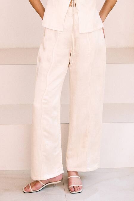 Lavanya Ahuja_Ivory Satin, Linen Asymmetric Soft Tie Up Top With Pant _Online_at_Aza_Fashions