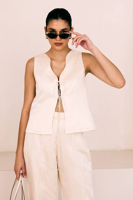 Buy_Lavanya Ahuja_Ivory Satin, Linen Asymmetric Soft Tie Up Top With Pant _Online_at_Aza_Fashions