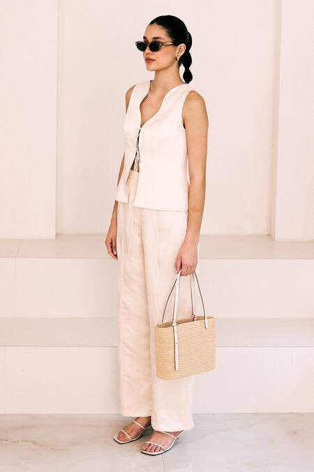 Shop_Lavanya Ahuja_Ivory Satin, Linen Asymmetric Soft Tie Up Top With Pant _Online_at_Aza_Fashions