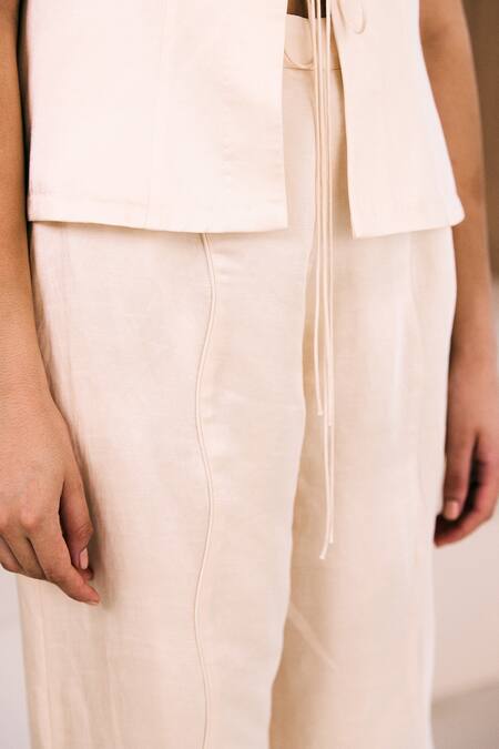 Shop_Lavanya Ahuja_Ivory Satin, Linen Asymmetric Soft Tie Up Top With Pant 