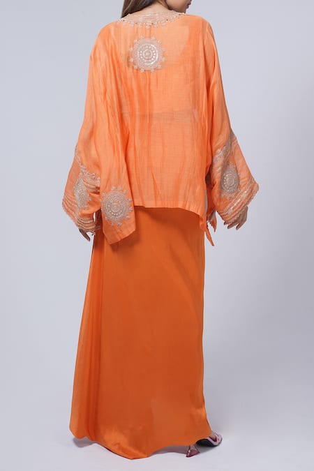 Shop Anamika Khanna Orange Cotton Embroidery Round Neck Boxy Top And Draped Skirt Set at Aza Fashions Shop_Anamika Khanna_Orange Cotton Embroidery Round Neck Boxy Top And Draped Skirt Set_at_Aza_Fashions
