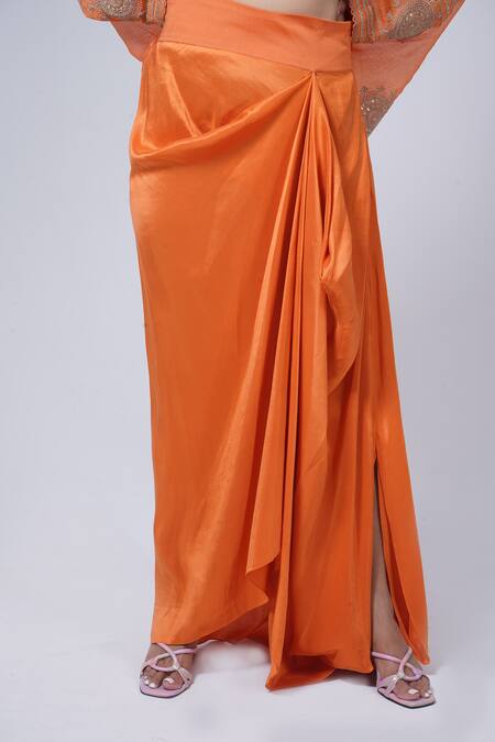 Anamika Khanna Orange Cotton Embroidery Round Neck Boxy Top And Draped Skirt Set Online at Aza Fashions Anamika Khanna_Orange Cotton Embroidery Round Neck Boxy Top And Draped Skirt Set_Online_at_Aza_Fashions