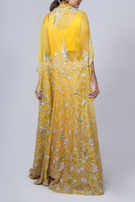 Shop Anamika Khanna Yellow Cotton, Georgette Sequins, Embroidery Round Neck Sharara Cape Set at Aza Fashions Shop_Anamika Khanna_Yellow Cotton, Georgette Sequins, Embroidery Round Neck Sharara Cape Set_at_Aza_Fashions