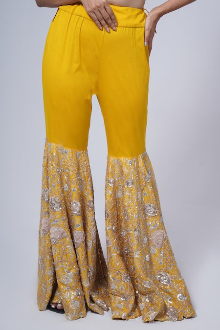 Anamika Khanna Yellow Cotton, Georgette Sequins, Embroidery Round Neck Sharara Cape Set Online at Aza Fashions Anamika Khanna_Yellow Cotton, Georgette Sequins, Embroidery Round Neck Sharara Cape Set_Online_at_Aza_Fashions