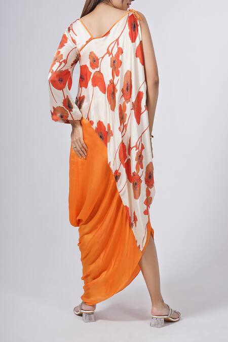 Shop_Siarra_Orange Floral Print Cape Draped Dress _at_Aza_Fashions