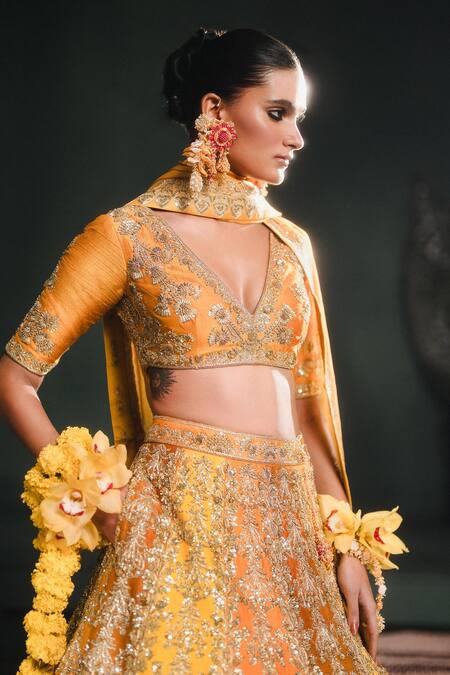 Buy Masaba Yellow Silk, Viscose Zari, Embroidery Plunge Neck The Ghevar Bridal Lehenga Set Online at Aza Fashions Buy_Masaba_Yellow Silk, Viscose Zari, Embroidery Plunge Neck The Ghevar Bridal Lehenga Set _Online_at_Aza_Fashions