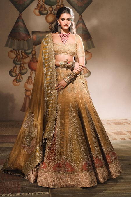 Masaba Gold Lehenga Silk Tissue Embroidered Zardozi Square Mysore Pak Bridal Set 