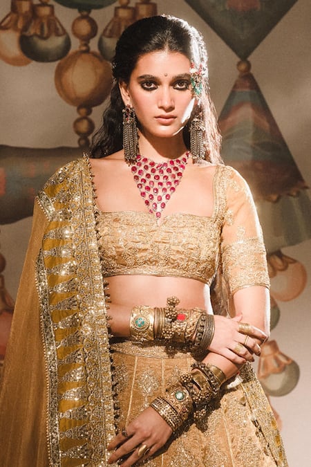 Buy_Masaba_Gold Silk, Tissue, Organza Gota Patti, Mysore Pak Bridal Lehenga Set _Online_at_Aza_Fashions