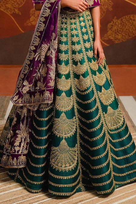 Buy_Masaba_Green Organza, Sequins, Embroidery, Patchwork Lehenga Set _Online_at_Aza_Fashions