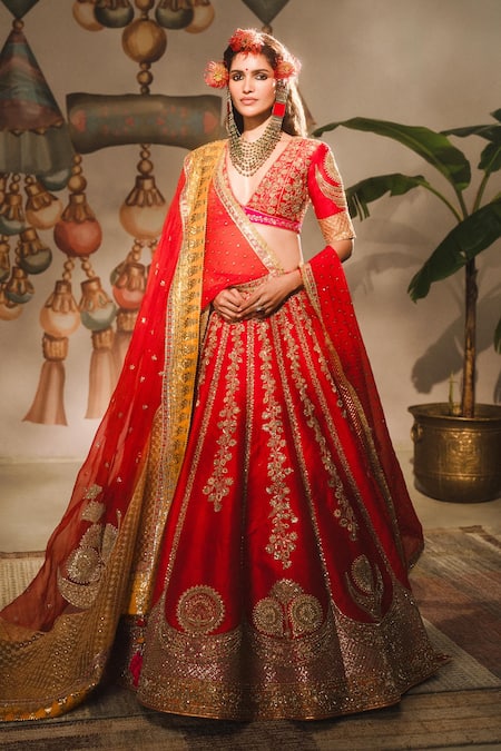 Masaba Red Lehenga Heavy Raw Silk Embroidered Zardozi The Gulab Sherbet Bridal Set 