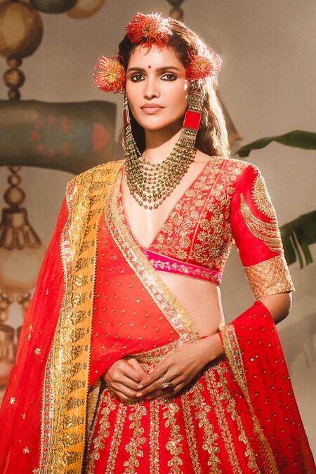 Buy Masaba Red , Organza, Viscose The Gulab Sherbet Embroidered Bridal Lehenga Set Online at Aza Fashions Buy_Masaba_Red , Organza, Viscose The Gulab Sherbet Embroidered Bridal Lehenga Set _Online_at_Aza_Fashions