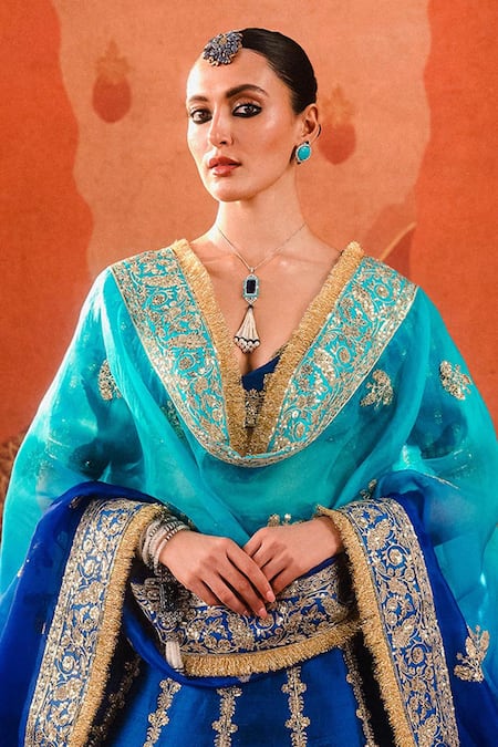 Masaba_Blue , Organza Sequins, Sanjh Anar Phool Embroidered Bridal Lehenga Set _Online_at_Aza_Fashions