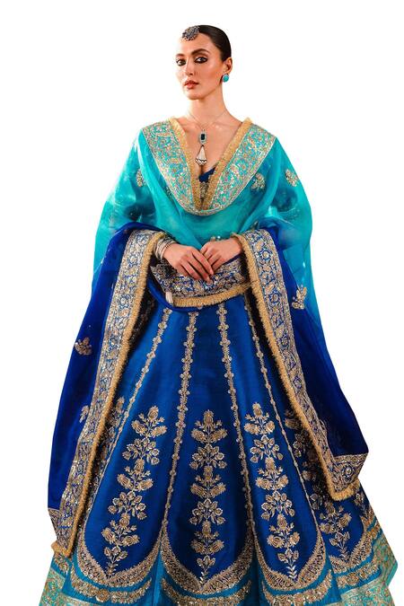 Buy_Masaba_Blue , Organza Sequins, Sanjh Anar Phool Embroidered Bridal Lehenga Set _Online_at_Aza_Fashions