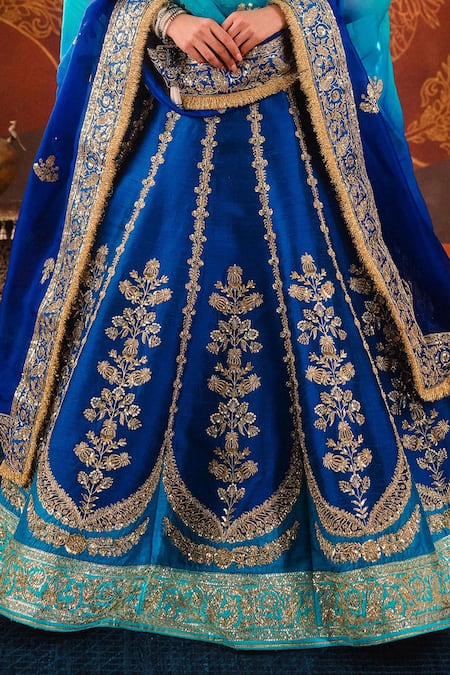 Shop_Masaba_Blue , Organza Sequins, Sanjh Anar Phool Embroidered Bridal Lehenga Set _Online_at_Aza_Fashions