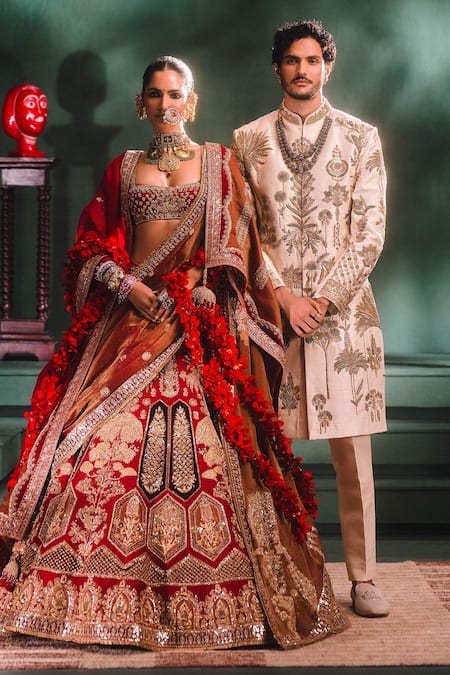 Shop_Masaba_Red , Georgette, Organza Embroidery, The Anar Bagh Bridal Lehenga Set _at_Aza_Fashions