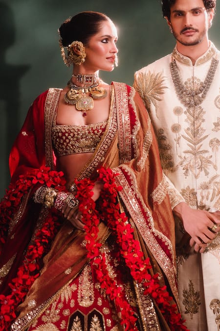 Masaba_Red , Georgette, Organza Embroidery, The Anar Bagh Bridal Lehenga Set _Online_at_Aza_Fashions