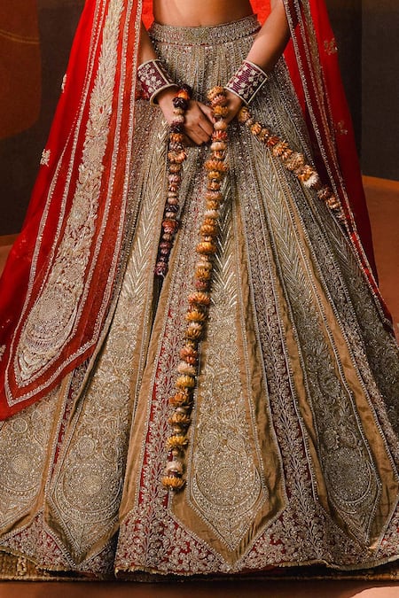 Masaba_Orange Silk Organza, Hemp, The Khubani Ka Meetha Bridal Lehenga And Veil Set _Online_at_Aza_Fashions