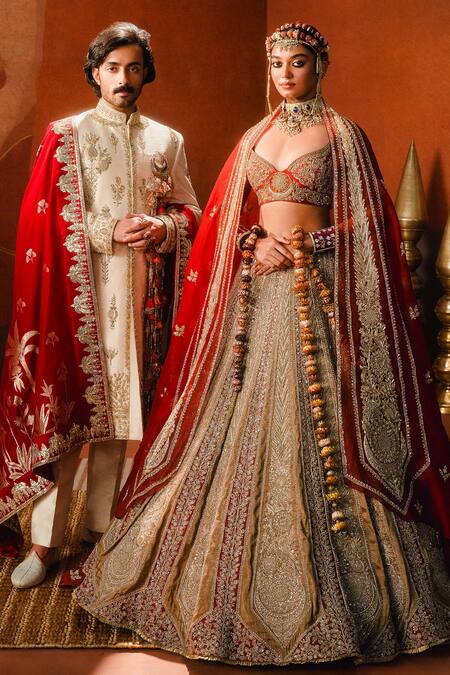 Buy_Masaba_Orange Silk Organza, Hemp, The Khubani Ka Meetha Bridal Lehenga And Veil Set _Online_at_Aza_Fashions
