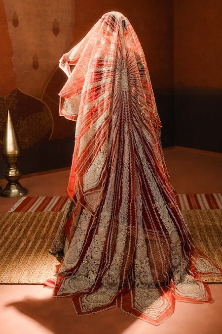 Masaba_Orange Silk Organza, Hemp, The Khubani Ka Meetha Bridal Lehenga And Veil Set _at_Aza_Fashions