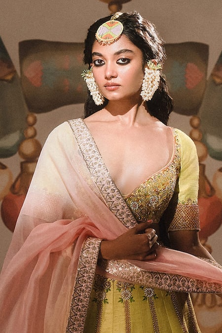 Shop Masaba Green , Organza Embroidery, Sequins The Pista Kulfi Bridal Lehenga Set at Aza Fashions Shop_Masaba_Green , Organza Embroidery, Sequins The Pista Kulfi Bridal Lehenga Set _at_Aza_Fashions